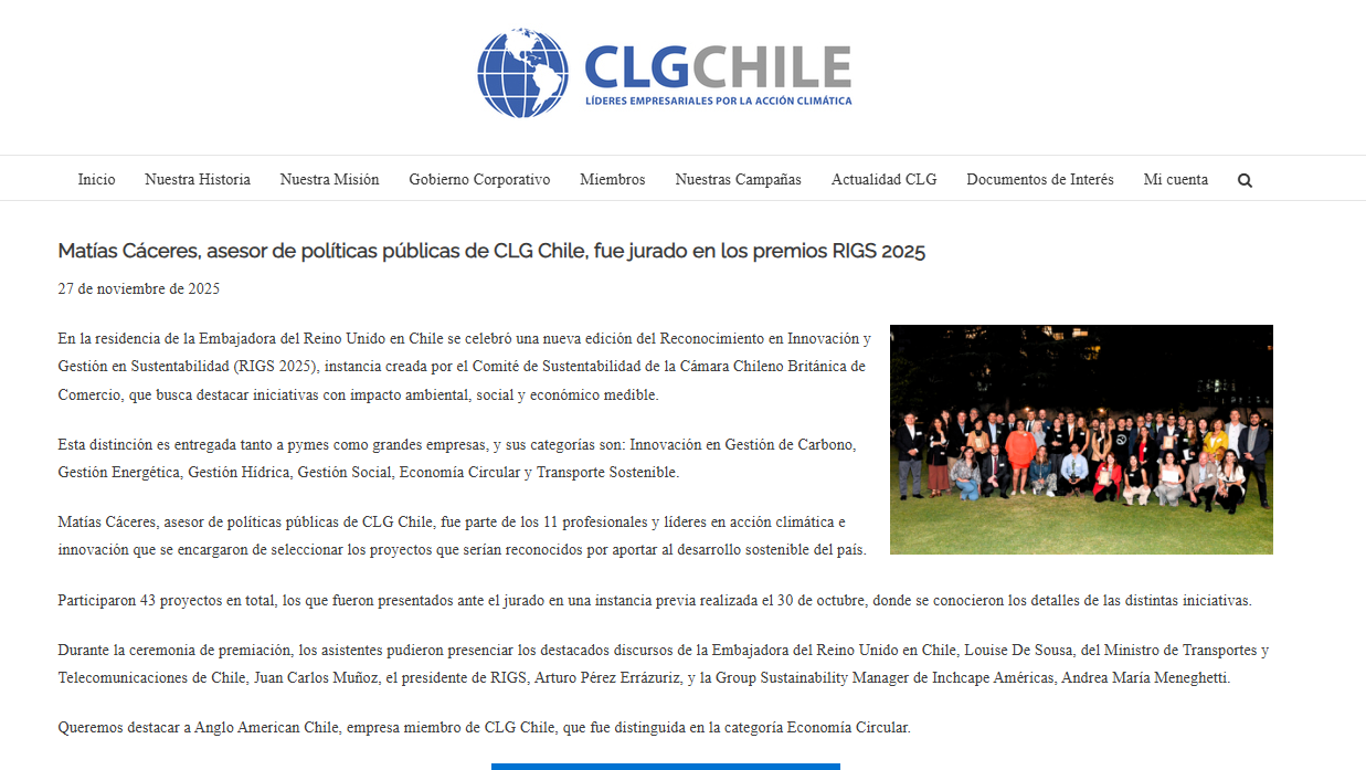 Captura de la noticia publicada en CLG Chile sobre la participación como jurado en los premios RIGS 2025